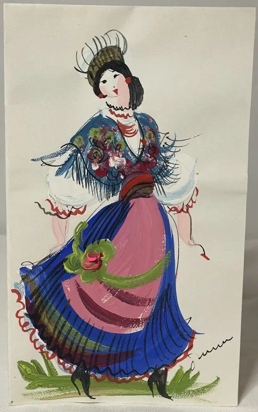VTG Hand Painted Greeting Card w Envelope Mid Century Woman Blue Folk Dress OOAK